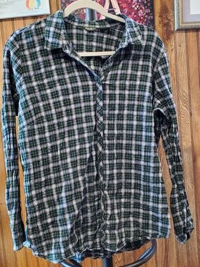 Eddie Bauer Green and Black Plaid Button-Down Shirt